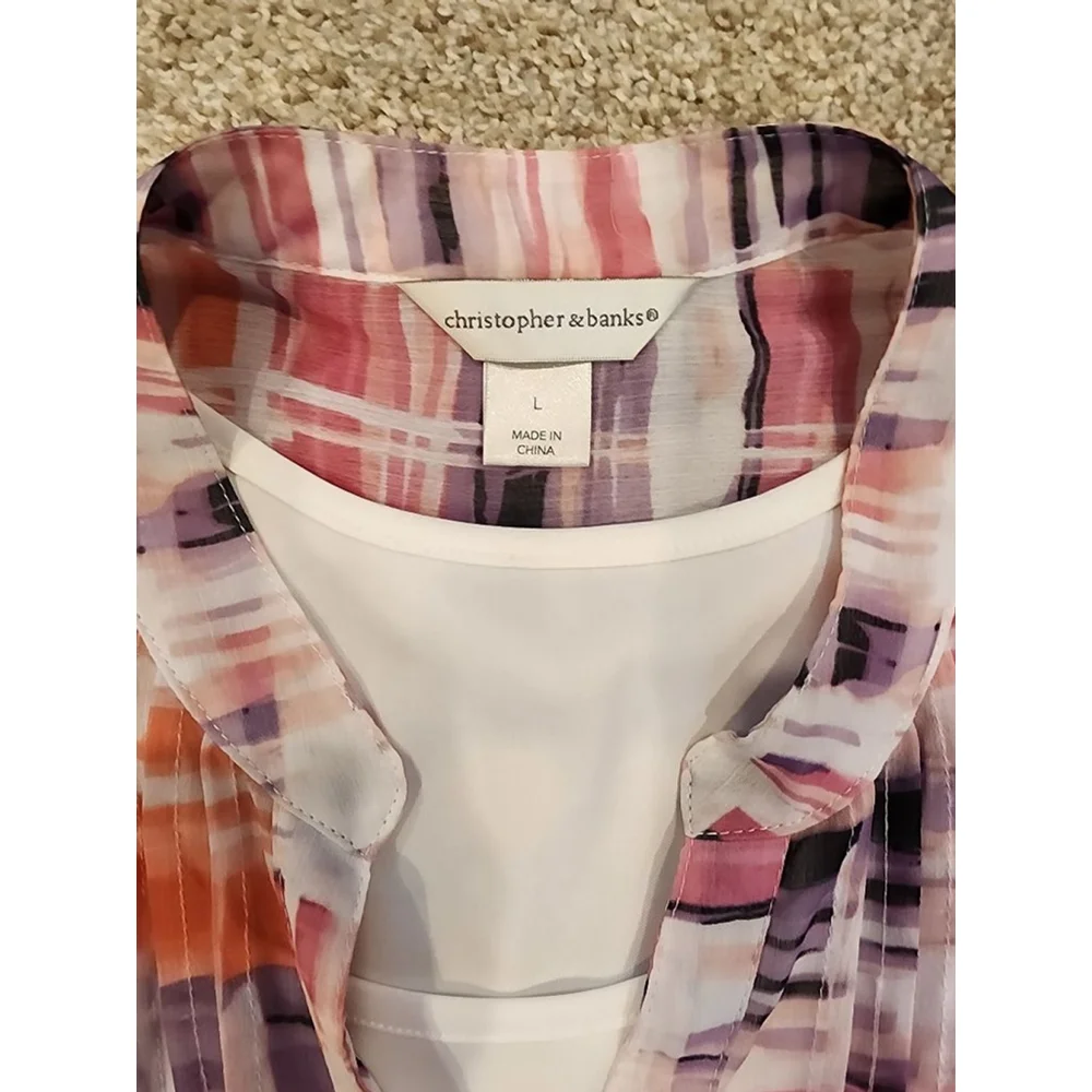 Women's Christopher & Banks Blouse L White Orange Plaid - Picture 2 of 4